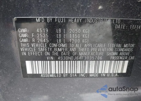 2015 Subaru Legacy 2.5I Limited z USA, uszkodzony, nr VIN 4S3BNBJ64F3035706